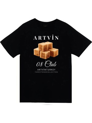 stonedfame Artvin - 08 - Küp Şekeri - Şehir Baskılı Unisex %100 Pamuk Siyah T-Shirt