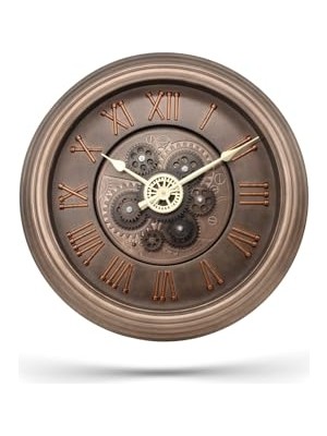Premium Serisi Antik Eskitme Kadranlı Döner Çarklı Ev ve Ofis Duvar Saati Roma Rakamlı 40 cm Bronz