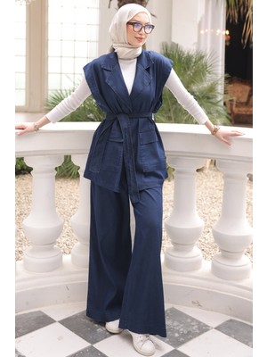 İmaj Butik Lacivert Yelek Pantolonlu Tencel Kot Takım