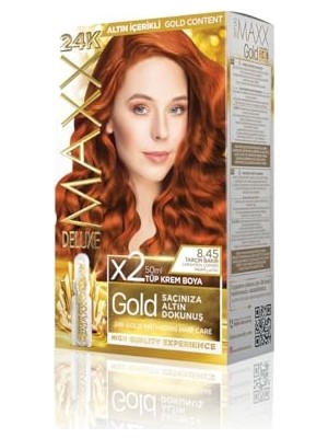 Maxx Deluxe Gold Serisi 24K Altın Parçacıklı Serum ile 1 Kutu 2 x 50 ml ve Geliştiriciler Saç Boyası (Tarçın Bakır 8.45)