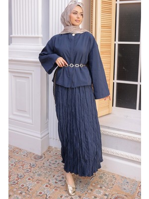 İmaj Butik Lacivert Zincir Kemer  Detaylı Gömlek Kraş Etekli Takım