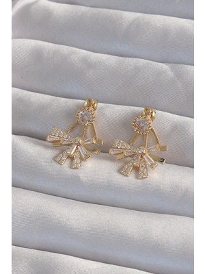 Toyigoo Mey Ithalat® Pirinç Gold Renk Zirkon Taşlı Yassı Fiyonk Model Küpe TYGRSYT9573