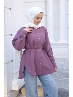 İmaj Butik Mürdüm Bel Bağlamalı Düğmeli Gömlek