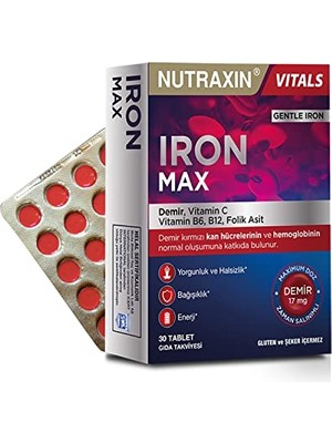 Nutraxin Iron Max 30 Tablet – Demir, C Vitamini, Folik Asit ve B12 Vitamini Içeren Takviye
