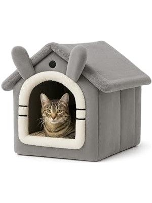 Kedi Evi Yumuşak Kedi Yatağı | Peluş Derin Uyku Evi, Çıkarılabilir Minderli, Isı Yalıtımlı Kışlık Ev | Katlanır Kedi Evi (Gri)