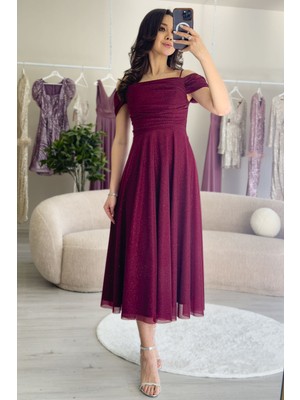 The Zks-Kadın Midi Boy Kloş Askılı Düşük Omuz Abiye Elbise Bordo, Lila, Beyaz, Mor, Lacivert, Siyah