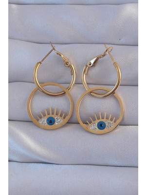 Toyigoo Mey Ithalat® 316L Çelik Gold Renk Zirkon Taşlı Mavi Göz Tasarımlı Halka Küpe TYGRSYT9573