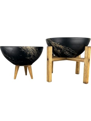 Bitki Tasarımı Ev Dekorasyon Siyah Üzeri Gold Mermer Efektli Aranjman Sunumluk Toprak Saksı 3-4 Ayaklı Ikili Set 20 cm Çap