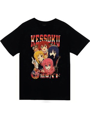 stonedfame Bocchi The Rock - Kessoku Band - Anime Baskılı Unisex %100 Pamuk Siyah T-Shirt