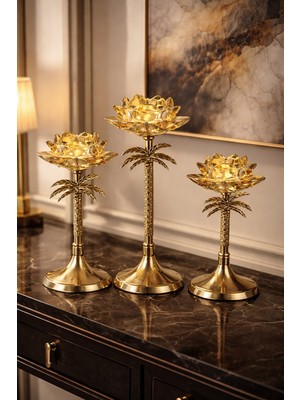 Mis Kitchen Gold Palmiye Gövdeli Lotus Cam Mumluk 3’lü Şamdan Seti Dekoratif