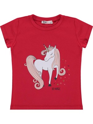 Civil Girls Unicorn Baskılı 2-5 Yaş Tişört  - Kırmızı