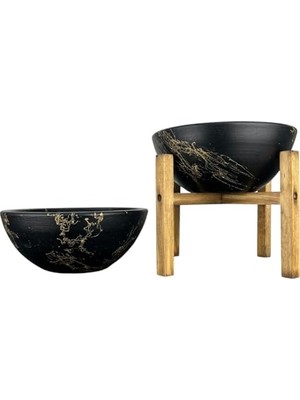 Bitki Tasarımı Ev Dekorasyon Siyah Üzeri Gold Mermer Efektli Aranjman Sunumluk Toprak Saksı Ayaksız ve 4 Ayaklı Ikili Set 20 cm Çap