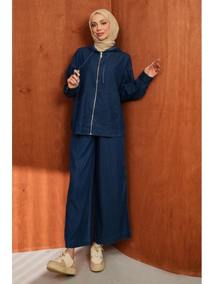 İmaj Butik Lacivert Kapuşonlu Tunik Pantolonlu Kot Takım