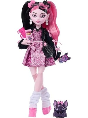 Monster High Bebek, Draculaura Pembe Fiyonklu Elbise ve Siyah Hırka Evcil Hayvan Yarasa Sayısı Muhteşem ve Ramen, Ruj ve Çanta Gibi 7 Aksesuar