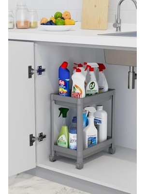 2 Katlı Tekerlekli Düzenleyici Raf Mutfak Tezgah & Evye Altı Dolap Içi Organizer, Banyo Deterjanlık ve Şampuanlık, Çok Amaçlı Taşınabilir Sebzelik, Modern Dekoratif Mutfak Raf Ünitesi (Gri)