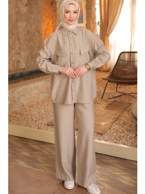 İmaj Butik Taş Cepli Tunik Pantolonlu Tencel Takım