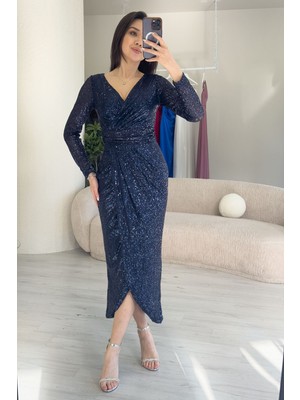 Thezkscom-Kadın Kruvaze Yaka Payet Tasarım Uzun Kollu Abiye Elbise Lacivert, Siyah, Bordo