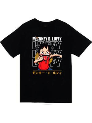 stonedfame One Piece - Monkey D. Luffy - Anime Baskılı Unisex %100 Pamuk Siyah T-Shirt