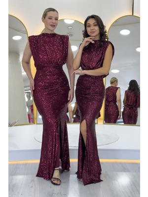 Thezkscom-Dik Yaka Kuşak Detay Yırtmaçlı Pul Payet Abiye Elbise Pudra, Bordo, Lacivert, Gümüş, Siyah, Bej