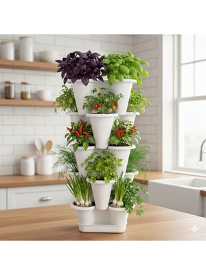 5 Katlı Şanslı Yonca Kule Saksı Seti Çiçek Bitki Sebze Meyve Salon Mutfak Banyo Bahçe Saksı Seti (Altın)