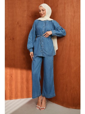 İmaj Butik Mavi Balon Kol Tunik Pantolonlu Tencel Kot Takım