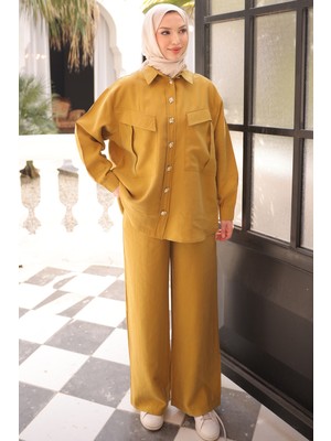 İmaj Butik Hardal Cepli Tunik Pantolonlu Tencel Takım