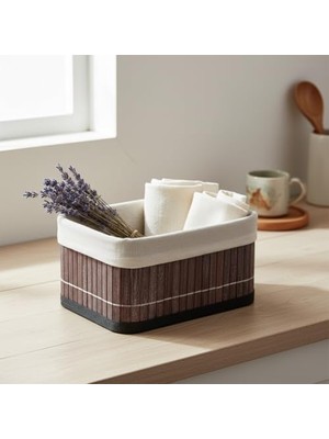 Deconox Mini Dikdörtgen Bambu Düzenleyici ve Saklama Sepeti – Gri Ahşap Banyo, Makyaj ve Ofis Organizeri, Kumaş Astarlı Dekoratif Kutu (20X15X10 Cm)