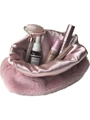 Melsea Peluş Makyaj Çantası Pudra Pembe Organizer Seyahat Çantası