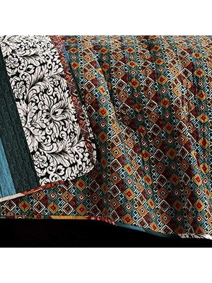 Tuba Toptaş Lush Çizgili Yorgan Ters Çevrilebilir 3 Parça Tasarım Yatak Seti - - Turkuaz ve Mandalina