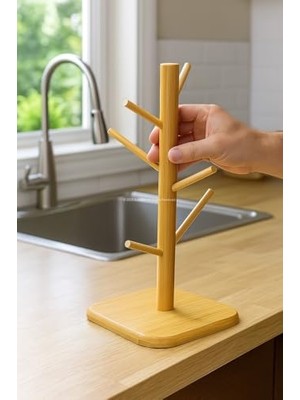 Busstier Ahşap Bambu Kupa Bardak Askısı 6'lı Stand Doğal Mutfak Tezgahı Için Kupa Standı Bardak Tutucu Modern Dekoratif Dayanıklı Kolay Kurulumlu Organizer (Kare)