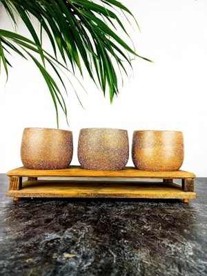 Bitki Tasarımı Ev Dekorasyon Aksesuar Kahverengi Granit Efektli Düz Toprak Saksı Üçlü Ahşap Tabanlı Çiçeklik Saksı Saksılık