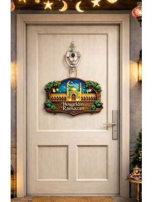 30-27 cm Hoş Geldin Ramazan Dekorlu Ahşap Kapı Süsü, Ramazan Süsleri, Ramazan Tavan Süsü