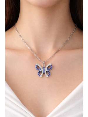 Klc Takı Rodyum Kaplama Mavi  Beyaz Taşlı Kelebek Kolye