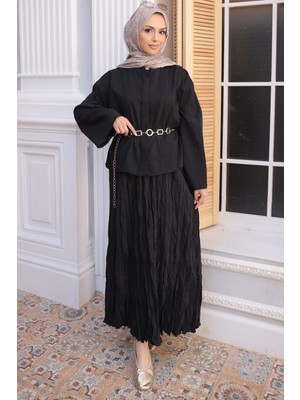 İmaj Butik Siyah Zincir Kemer  Detaylı Gömlek Kraş Etekli Takım