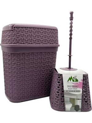 Bey Hasır Desenli Çöp Kovası ve Klozet Fırçası Seti, Mürdüm