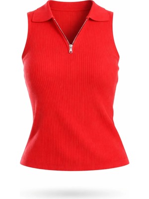 5in1Canpolat Kırmızı Yarım Fermuar Detaylı Triko 5170