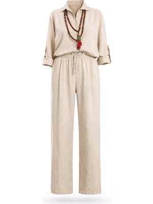 5in1Canpolat Naturel Keten Gömlek Pantolon Takım 1011