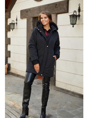 Rmg Kadın Büyük Beden Kapşonlu Siyah Kaban Uzun Kol Polyester Düz Tasarım