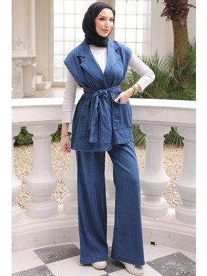 İmaj Butik Mavi Yelek Pantolonlu Tencel Kot Takım