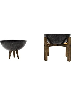 Bitki Tasarımı Ev Dekorasyon Siyah Granit Aranjman Sunumluk Toprak Saksı 3-4 Ayaklı Ikili Set 20 cm Çap