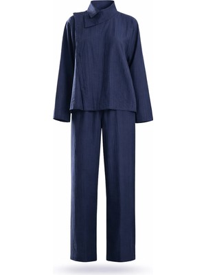 5in1Canpolat Lacivert Asimetrik Düğmeli Gömlek Pantolon Takım 51335