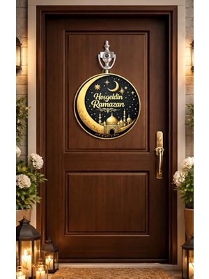 25-25 cm Hoş Geldin Ramazan Dekorlu Ahşap Kapı Süsü, Ramazan Süsleri, Ramazan Tavan Süsü, Ahşap
