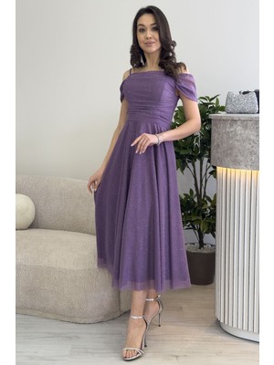 The Zks-Kadın Midi Boy Kloş Askılı Düşük Omuz Abiye Elbise Bordo, Lila, Beyaz, Mor, Lacivert, Siyah