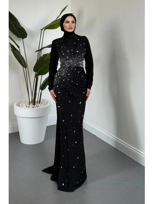Merven Akyüz Royale Taşlı Balık Abiye Siyah