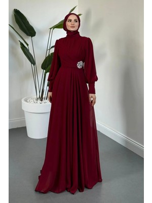 Merven Akyüz Angela Yanı Taş Detay Balon Kol Abiye Bordo