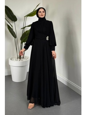 Merven Akyüz Angela Yanı Taş Detay Balon Kol Abiye Siyah