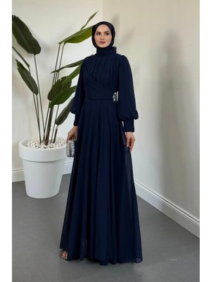 Merven Akyüz Angela Yanı Taş Detay Balon Kol Abiye Lacivert