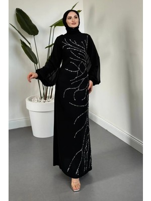 Merven Akyüz Serelune Taşlı Balon Kol Abiye Siyah