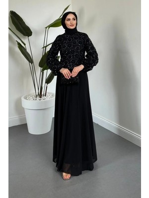Merven Akyüz Florella Üstü Papatyalı Taşlı Abiye Siyah