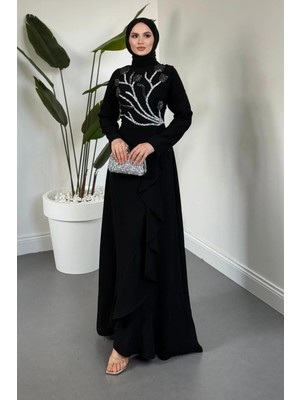 Merven Akyüz Avelora Önü Drapeli Taşlı Krep Abiye Siyah